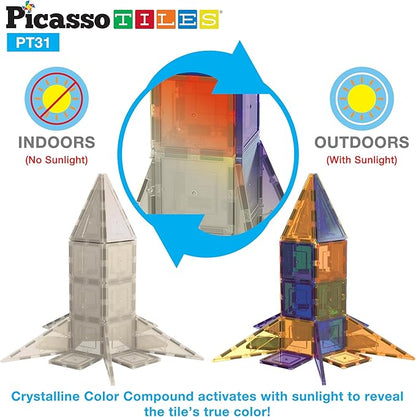PicassoTiles UV Activated Color Changing Rocket Set Magnet Construction Toy Kit Engineering STEM Learning Playset Child Brain Development Stacking Blocks Playboard for All Ages 3 and Up PT31