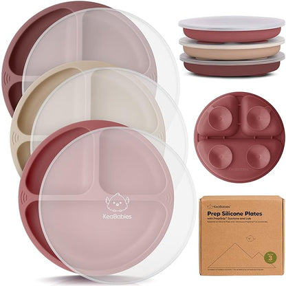 KeaBabies Suction Plates with Lids for Baby - 3-Pack 100% Silicone Suction Plates for Baby, Kids,Toddler Plates,Divided Baby Plates with Suction,Lids, BPA-Free, Microwave, Dishwasher Safe (Burgundy)