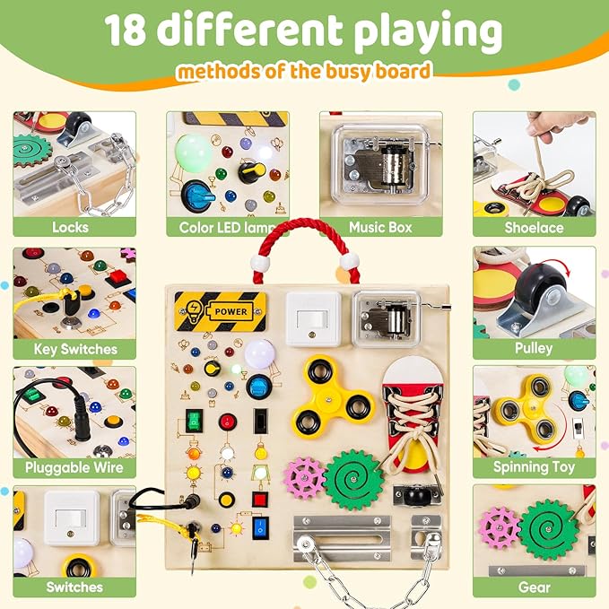 Montessori Wooden Busy Board Toys for 1 2 3 Boys Girls,Toddler Sensory Educational Fidget Board Travel Toy with LED Light Up Switches & Music Boxes, Locks for Kids Gifts