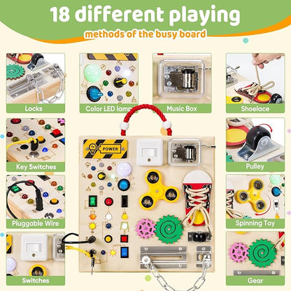 Montessori Wooden Busy Board Toys for 1 2 3 Boys Girls,Toddler Sensory Educational Fidget Board Travel Toy with LED Light Up Switches & Music Boxes, Locks for Kids Gifts