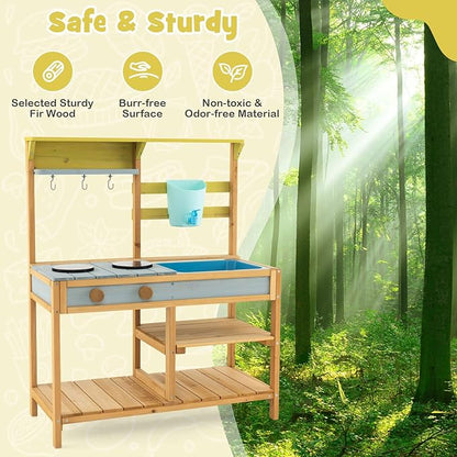 HONEY JOY Mud Kitchen, Fir Wood Outdoor Play Kitchen for Toddlers, Removable Sink, Real Water Tank with Faucet, Utensils, Pretend Play Mud Kitchen for Kids Outdoor, Gift for Boys Girls, Natural
