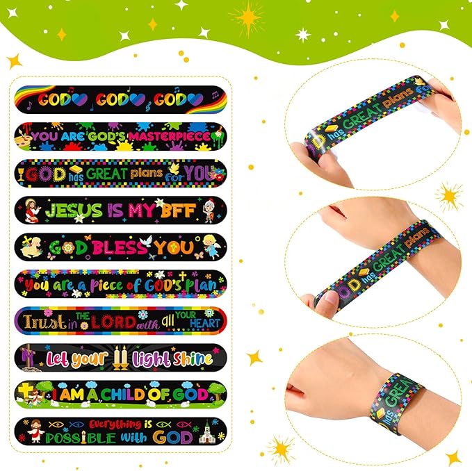 Frienda 40 Pcs Bible Verses Religious Christian Slap Bracelets for Kids Jesus Love You Wristbands Inspirational Motivational Christian Slap Bracelets Sunday School Supplies