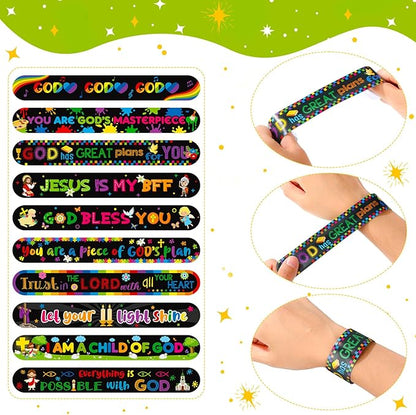 Frienda 40 Pcs Bible Verses Religious Christian Slap Bracelets for Kids Jesus Love You Wristbands Inspirational Motivational Christian Slap Bracelets Sunday School Supplies