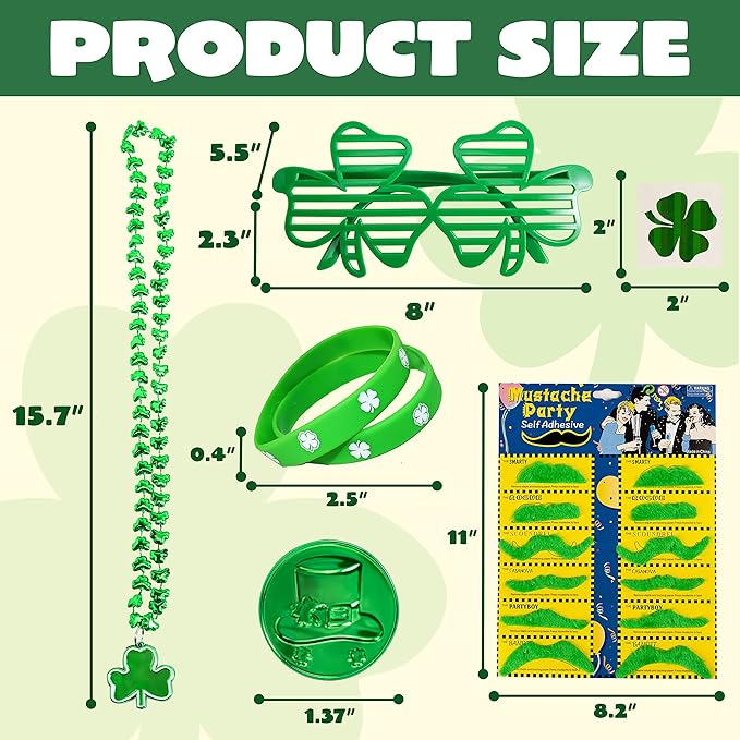 JOYIN 156 Pcs St. Patrick's Day Party Favor Set, 6 Necklaces 6 Eyeglasses 12 Bracelets 72 Temporary Tattoos 12 PCS Mustache 48 Plastic Coins St Patricks Day Accessories