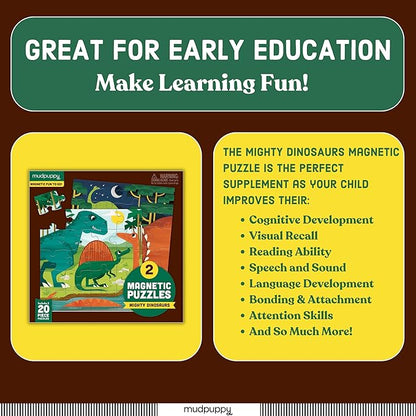 Mudpuppy Mighty Dinosaurs - Tri Fold Magnetic Puzzles Featuring Two 20 Piece Dinosaur Themed Artwork