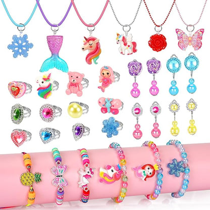Kids Jewelry for Girls, 28 Pcs Unicorn Toys for Girls Age 4-6, Girl Toys Play Rings Necklaces Bracelets, Costume Jewelry for Girls, Princess Party Birthday Christmas Gifts for 2 3 4 5 6