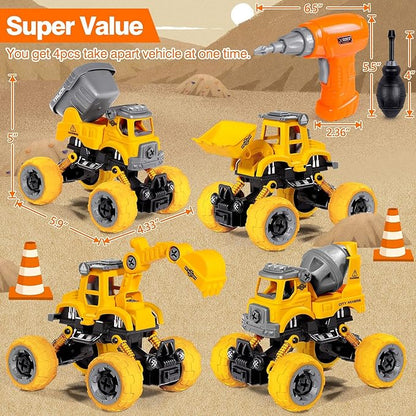 LUDILO 4PCS Take Apart Toys for 4 Year Old Boys Construction Toys with Electric Drill DIY Assembly Building Stem Toys Trucks Gifts for 3 4 5 6 7 8 Year Old Boys Girls Kids Learning Educational Toys