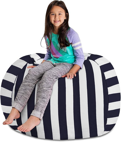 Posh Stuffable Kids Stuffed Animal Storage Bean Bag Chair Cover - Childrens Toy Organizer, X-Large 48" - Canvas Stripes Blue and White