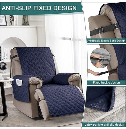 Ruaozz 100% Waterproof Recliner Chair Cover Non-Slip Oversized Reclining Cover for Large Recliner Chair Washable Chair Seat Cover with Elastic Straps for Kids, Dogs, Pets (Dark Blue, 28'')