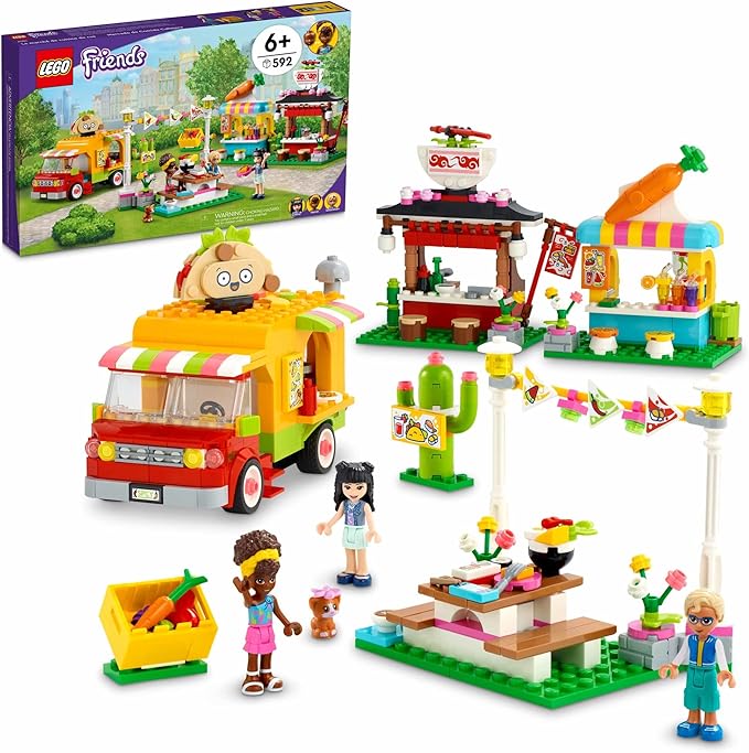 LEGO Friends Street Food Market 41701; New Food-Play Building Kit Promotes Imaginative Play; Includes Emma and Kitten Toy; Birthday Gift for Kids Aged 6+ (592 Pieces)