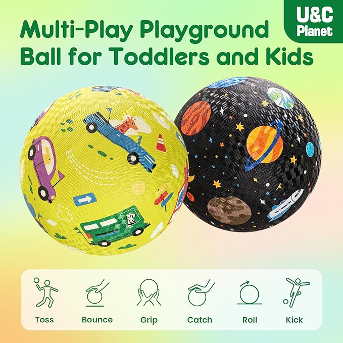 U&C Planet Playground Balls for Toddlers 1-3, 2 Pack 6 inch 8.5 inch Kickball for Kids Outdoor Indoor, Catoon Rubber Balls with Pump, Child Gift for Boys Girls 1-3 3-5 5-10