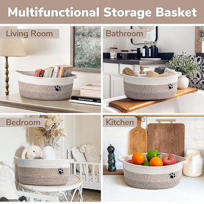 Dog Basket Gift Basket Empty, 13.6"x 10" x 6" Woven Storage Baskets for Organizing, Cotton Rope Baskets for Shelf, Dog Storage Bins with Handles, Mixed-Brown