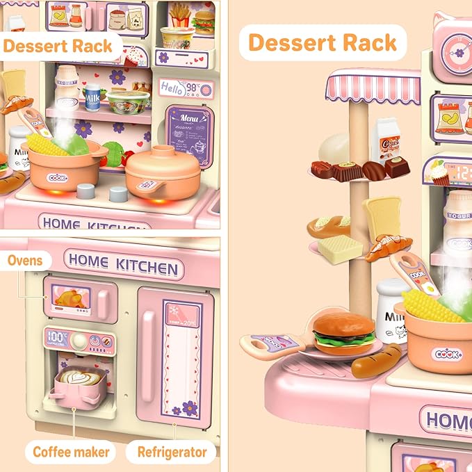 deAO Mini Kitchen Playset Toy,33 PCS Play Kitchen with Realistic Steam and Lights, Role Playing Game Pretend Food and Cooking Playset, Mini Kitchen Accessories Set for 3 4 Girls Boys