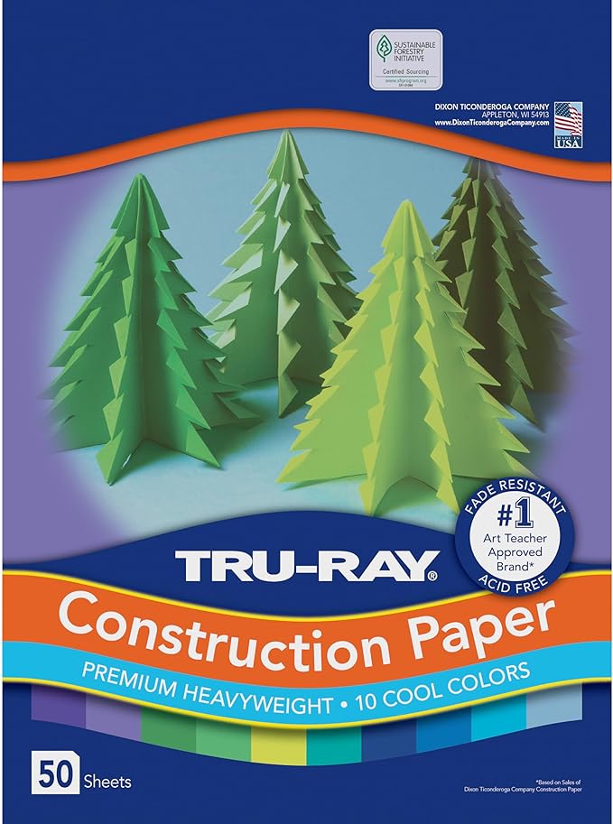 Tru-Ray Heavyweight Construction Paper, Cool Assorted Colors, 12" x 18", 50 Sheets (102943)