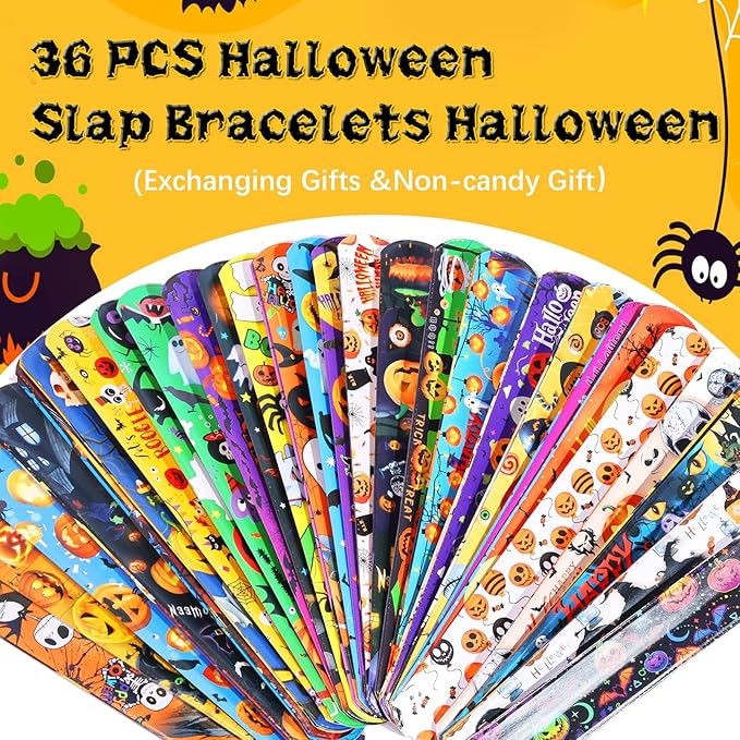 36pcs Halloween Slap Bracelets Assorted Bulk Pumpkin Snap Wristbands and 50Pcs Stickers Party Favors Gift Filler Supply