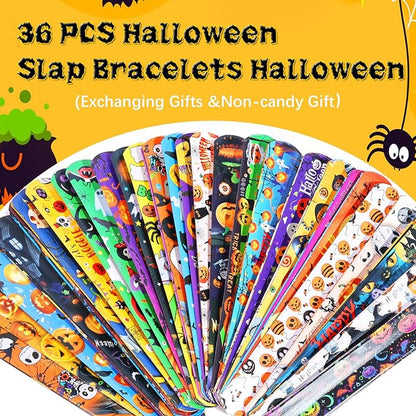 36pcs Halloween Slap Bracelets Assorted Bulk Pumpkin Snap Wristbands and 50Pcs Stickers Party Favors Gift Filler Supply