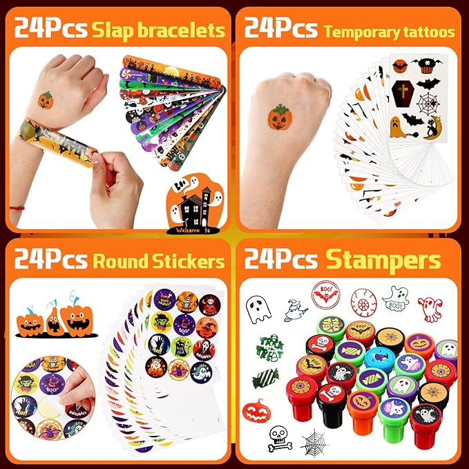 192 Pieces Halloween Party Favors Set 24 Pack Halloween Stationery for Kids Trick or Treat Toy Goody Bag Fillers Including Halloween bag Tattoo Sticker Stamper Pencil Eraser Spider Slap Bracelet