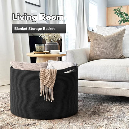 Goodpick Large Storage Basket, 23.5'' x 15.8'' Woven Storage Baskets, Cotton Rope Toy Storage for Kids Decorative Laundry for Home, Perfect for Living Room, 115L Black