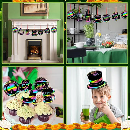 JULMELON 36 PCS St Patricks Day Scratch Art for Kids, St. Patrick’s Day Crafts for Kids Rainbow Color Magic Scratch Paper Cards Shamrock Hanging Ornaments DIY Crafts Decorations Party Favors