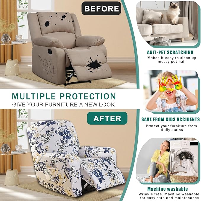 NILUOH Stretch Recliner Cover 4 Pieces Printed Lazy Boy Chair Covers Floral Patterned Recliner Sofa Slipcover Anti-Slip Fitted Furniture Protector with Elastic Bottom, A1
