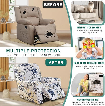 NILUOH Stretch Recliner Cover 4 Pieces Printed Lazy Boy Chair Covers Floral Patterned Recliner Sofa Slipcover Anti-Slip Fitted Furniture Protector with Elastic Bottom, A1