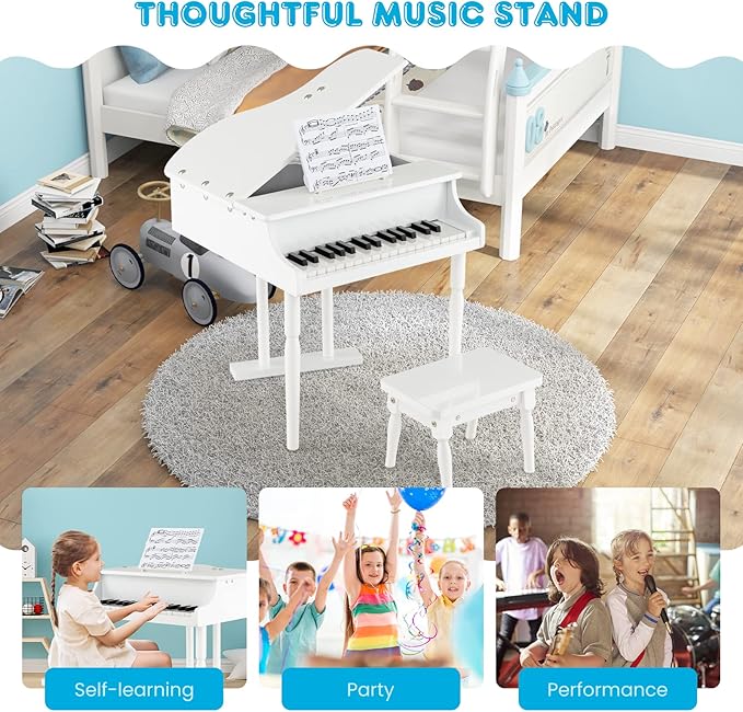 GLACER Classical Kids Piano, 30 Keys Wood Toy Grand Piano w/Bench Music Stand Full-Size Keys, Charming Tones & Sounds, Musical Instrument Educational Toy for Girls and Boys (3 Straight Leg-White)