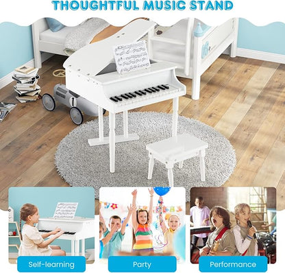 GLACER Classical Kids Piano, 30 Keys Wood Toy Grand Piano w/Bench Music Stand Full-Size Keys, Charming Tones & Sounds, Musical Instrument Educational Toy for Girls and Boys (3 Straight Leg-White)