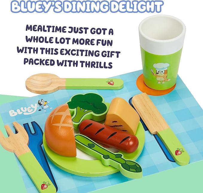 Bluey Toy Fruits and Vegetables for Toddlers, 32-Piece Pretend Food with Plates, Utensils, Baby Play Food & Wooden Toy Fun