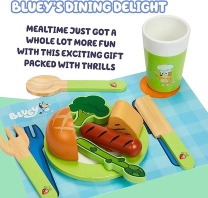 Bluey Toy Fruits and Vegetables for Toddlers, 32-Piece Pretend Food with Plates, Utensils, Baby Play Food & Wooden Toy Fun