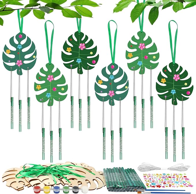 Fennoral 9 Pack Tropical Wind Chime Kit for Kids Make You Own Monstera Leaf Wind Chimes Ornaments DIY Coloring Wooden Art and Craft for Summer Art Activities Aloha Hawaii Tropical Party Decorations