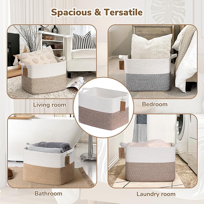 Goodpick Woven Storage Baskets for Organizing 18" x 14" x 12" Large Blanket Basket for Living Room Bedroom, Rectangle Cotton Rope Basket with Handles, Toy Baskets Storage Kids, Brown