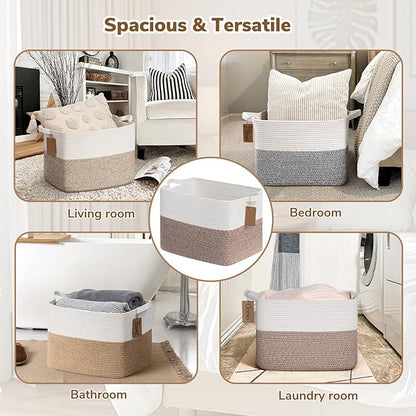 Goodpick Woven Storage Baskets for Organizing 18" x 14" x 12" Large Blanket Basket for Living Room Bedroom, Rectangle Cotton Rope Basket with Handles, Toy Baskets Storage Kids, Brown