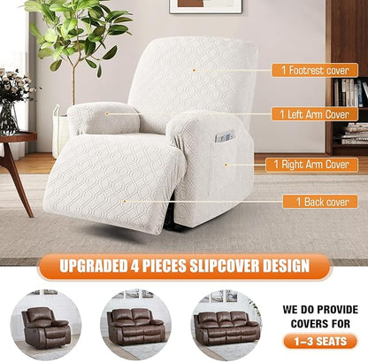 VANSOFY Oversized Recliner Chair Cover, 4-Pieces Stretch Recliner Covers for Recliner Chair Soft Reclining Chair Slipcover Jacquard Pattern Furniture Protector for Dogs Cats(Off White)
