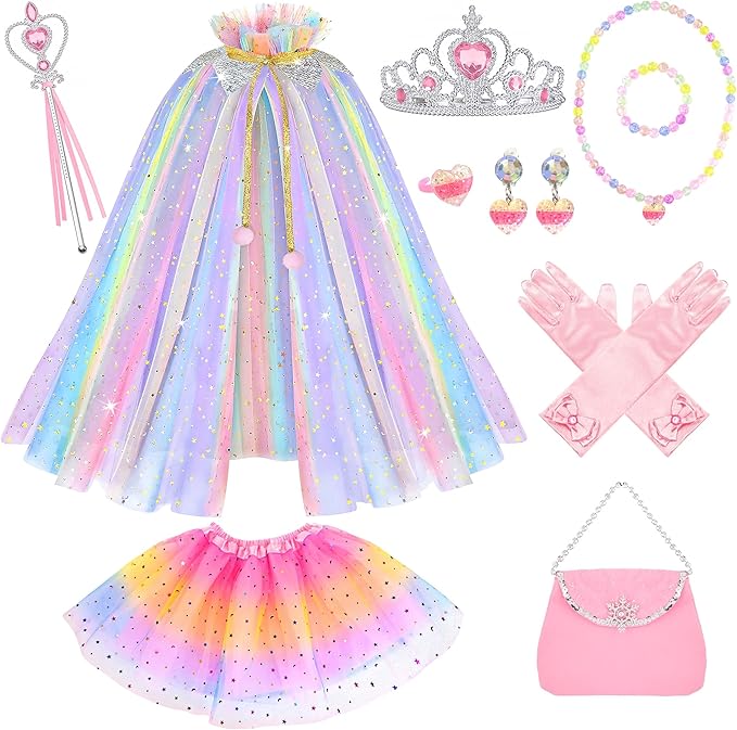 11PCS Princess Cape Dress up Clothes for Little Girls, Princess Cape with Crown for Kids Girls 3-8 Birthday Gifts