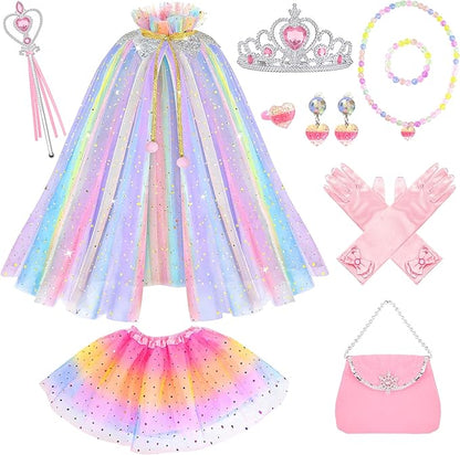 11PCS Princess Cape Dress up Clothes for Little Girls, Princess Cape with Crown for Kids Girls 3-8 Birthday Gifts
