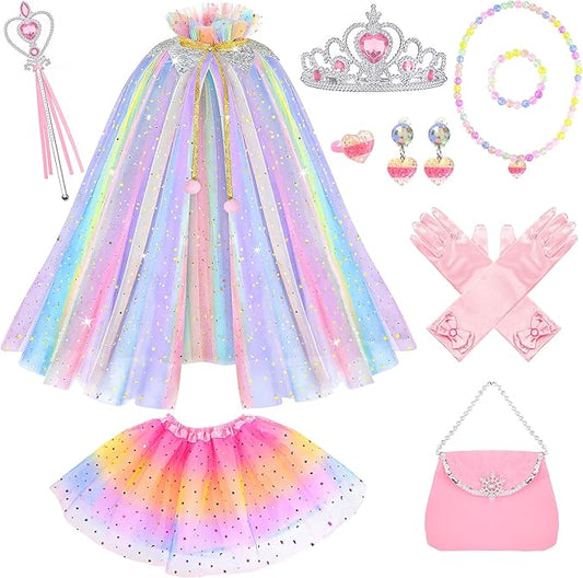 11PCS Princess Cape Dress up Clothes for Little Girls, Princess Cape with Crown for Kids Girls 3-8 Birthday Gifts