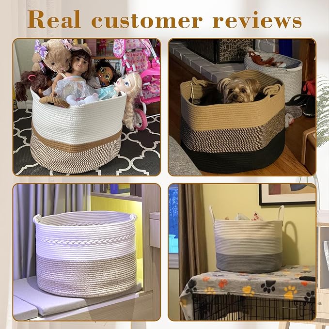 67L Large Blanket Basket, 20"x13" Woven Storage Baskets With Handle, Cotton Rope Blanket Basket Living Room, Baby Laundry hamper for Blanket, Nursery, Toy, Pillow (White & Pink)
