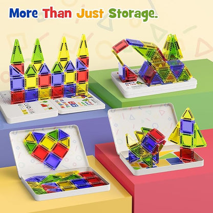 Mini Magnetic Tiles for Kids Travel - 40pcs STEM Building Blocks with Visual Storage Guide & Metal Box Play Base, Toddler Airplane Activities Toys for Ages 3-5,4-8, Compact Travel Toys