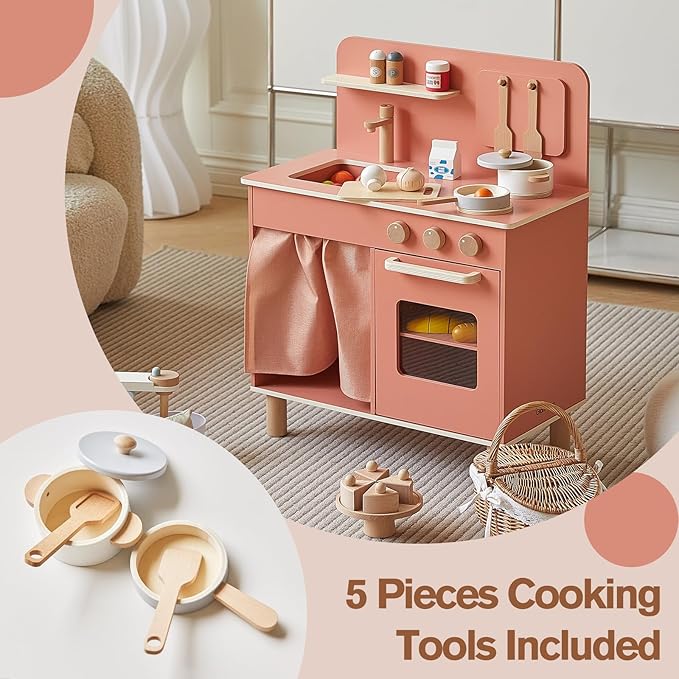 Giant bean Wooden Play Kitchen, Nordic Play Kitchen for Toddlers 1-3, with Cookware Accessories, Pretend Cooking Food Set for Toddlers Boys & Girls