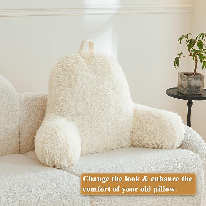 XeGe Faux Fur Reading Pillow Cover (No Filler), Fluffy Back Rest Pillow Case for Sitting in Bed, Adults Kids Shaggy Sit Up Back Support Study Pillow Cover with Arms Couch Chair Home Decoration, Beige