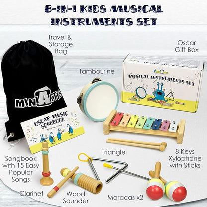 MINIARTIS Baby Musical Instruments - Montessori Musical Toys for Toddlers 1-3 | Neutral Colors Wooden Percussion Set | Modern Boho Xylophone for Kids with 15 Songbook, Preschool Educational Toys