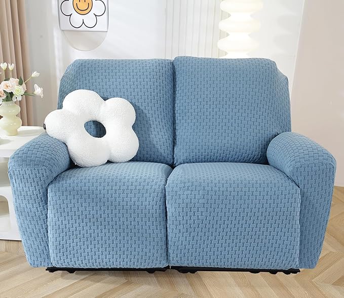 vctops 6 Pieces Jacquard Plush Recliner Loveseat Slipcover Stretch Soft Sofa Couch Cover Anti-Slip Solid Color Furniture Protector with Elastic Bottom for Kids Cats Dogs(Lake Blue,2 Seat)