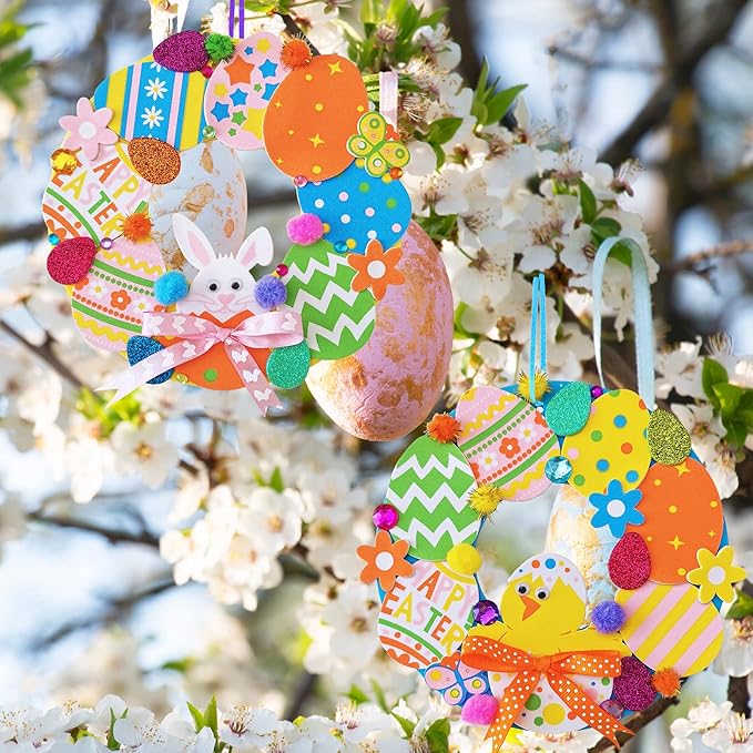 12 Sets Easter Wreath Signs Decorations DIY Foam Easter Craft Kits Easter Eggs Bunny Chick Foam Stickers Pom-Poms Googly Eyes for Kids Classroom Home Activity Art Project Gift Easter Front Door Décor