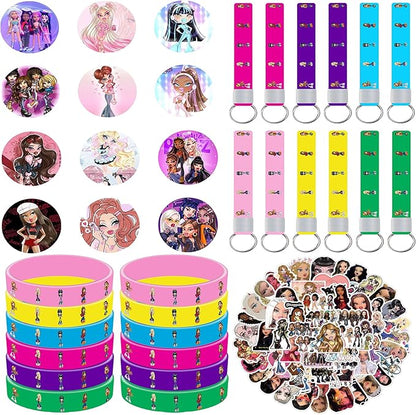 86Pcs Cartoon Delicacy Party Supplies Cartoon Party Favors Include 12Pcs Bracelets-12Pcs Button Pins-12Pcs Keychains-50Pcs Stickers for Birthday Party Decorations
