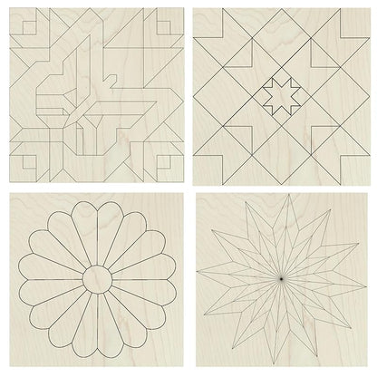 Set of Four 9 Inch Barn Quilt Kit DIY Pattern Unfinished Wood Quilting Block Sign Paintable Crafts for Women, Children, Men, Party (Butterfly, Patchwork Star, Dresden Flower, Starburst) AVTRBoutique