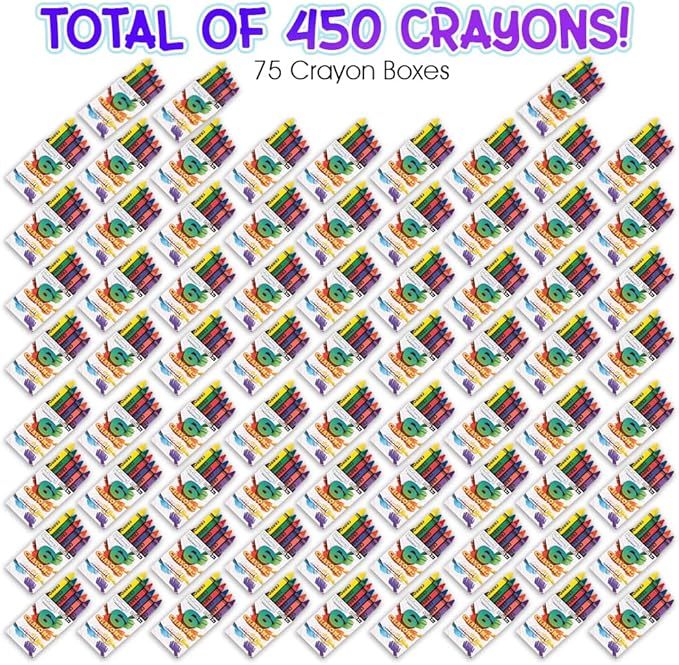 ArtCreativity Crayons Bulk Set - 75 Crayon Packs - 6 Crayons in Each Pack - 450 Total - Crayons for Kids in Red, Orange, Yellow, Green, Blue, Purple - Bulk Crayons for Classroom and Party Favors