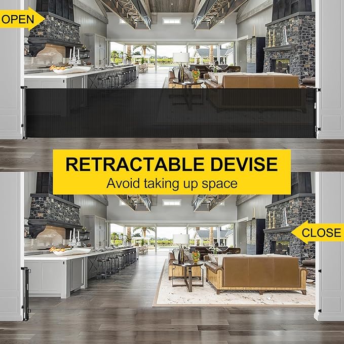 175 Inch Extra Wide Retractable Baby Gates for Large Openings, Extra Long Retractable Dog Gate for Doorways 33" Tall Mesh Pet Gate for Long Openings Extra Large Baby Gate for Indoor Outdoor (Black)