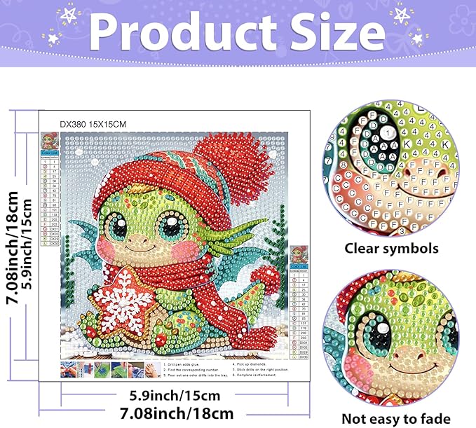 hkejoi Dragon Diamond Art Kits for Kids with Frame, Cartoon Diamond Art for Kids Ages 4-8-12, Easy Kids Gem Art Kit with Cartoon Package for Gift Home Wall Decor 7x7inch