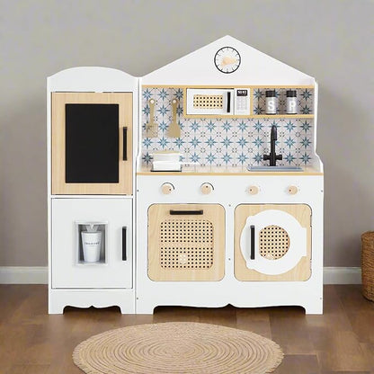 Teamson Kids Little Chef Morocco Play Kitchen with Chalkboard, Ice Dispenser, and 11pc. Accessory Set, White/Natural