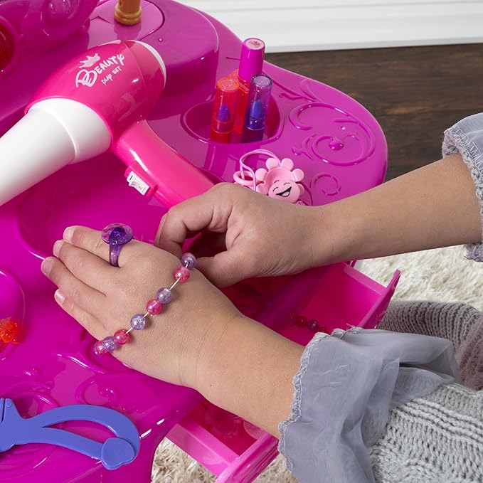 HEY! PLAY! Princess Pretend Play Kid Vanity with Stool – Functional Mirror with Lights and Sounds – Includes Fun Fashion and Makeup Accessories (Pink)